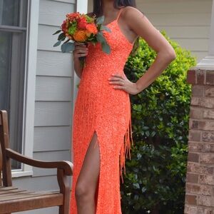 Sherri Hill Orange Sequin Fringe Prom Dress